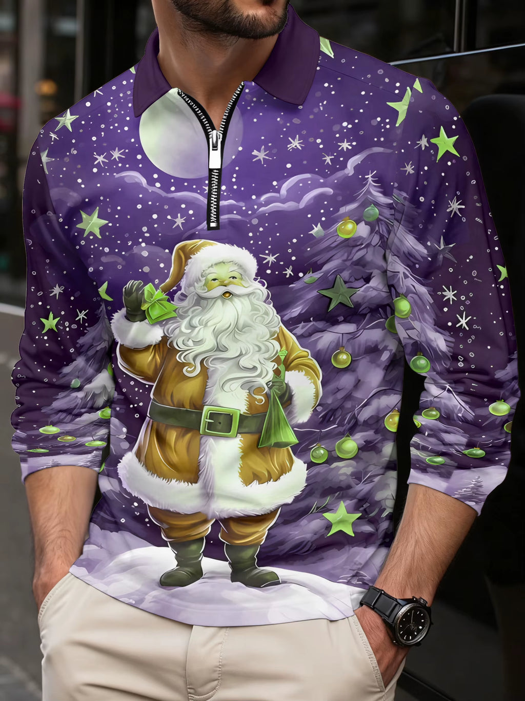 Christmas Golf Wear Men Snowman Anime Graphic Print Novelty Lapel Polo Shirt Tops Fashions Zipper Long Sleeve T-Shirt Man