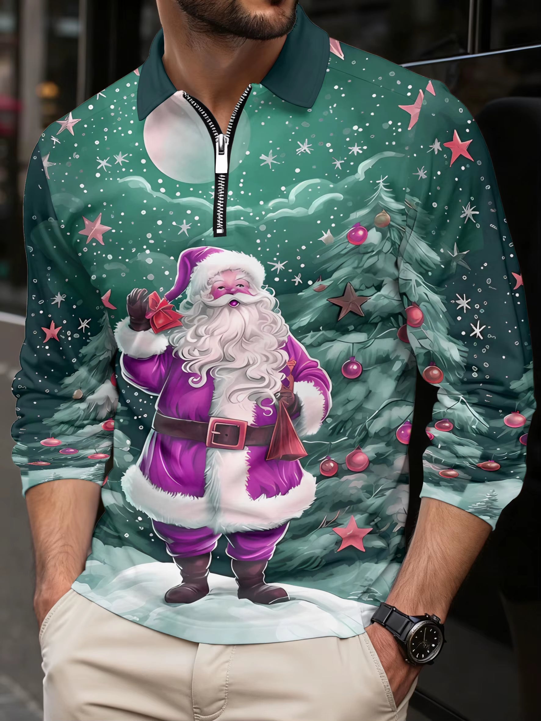 Christmas Golf Wear Men Snowman Anime Graphic Print Novelty Lapel Polo Shirt Tops Fashions Zipper Long Sleeve T-Shirt Man