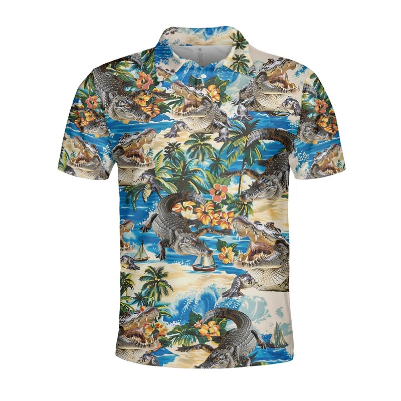 Funny Crocodile 3D Print Polo Shirts for Men Clothes Casual Hawaiian Short Sleeve Animal Alligator POLO Shirt Male Golf Fit Tops
