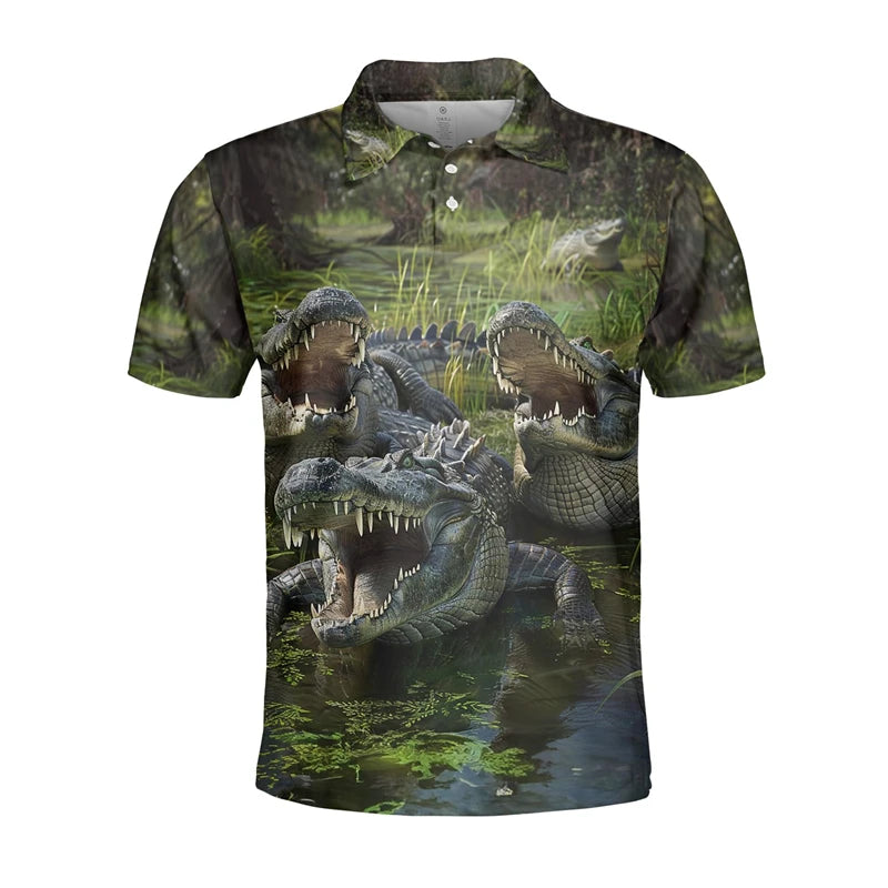 Funny Crocodile 3D Print Polo Shirts for Men Clothes Casual Hawaiian Short Sleeve Animal Alligator POLO Shirt Male Golf Fit Tops