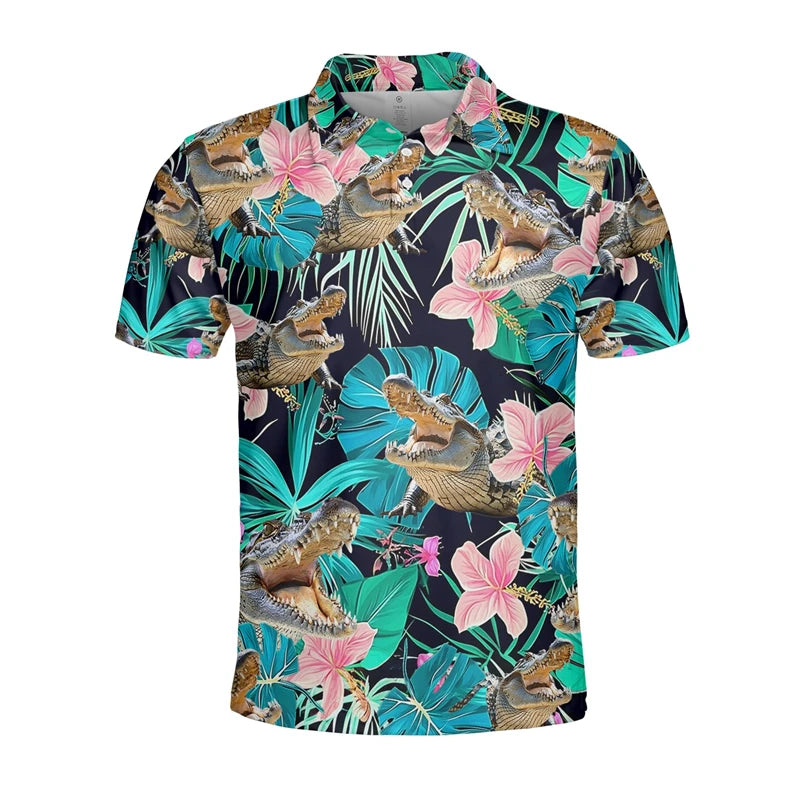 Funny Crocodile 3D Print Polo Shirts for Men Clothes Casual Hawaiian Short Sleeve Animal Alligator POLO Shirt Male Golf Fit Tops