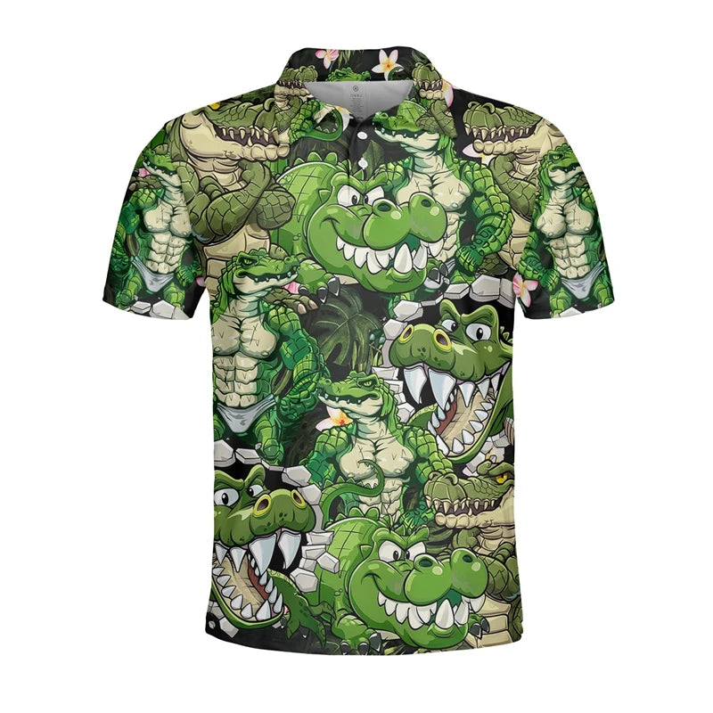Funny Crocodile 3D Print Polo Shirts for Men Clothes Casual Hawaiian Short Sleeve Animal Alligator POLO Shirt Male Golf Fit Tops