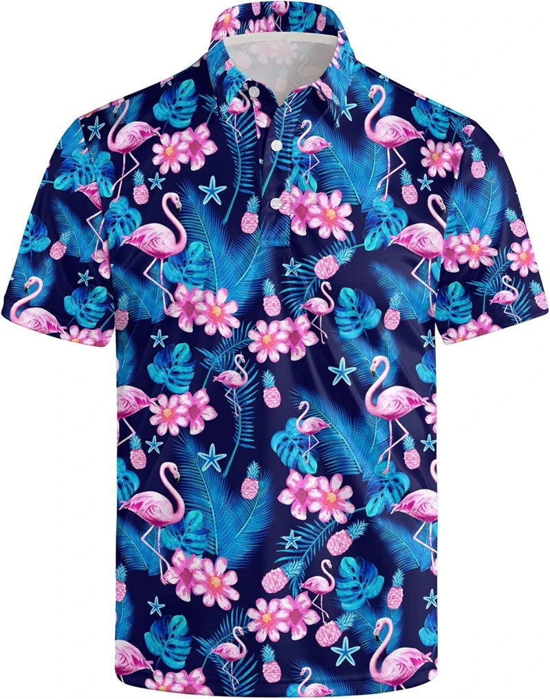 Flamingo 3D Print Polo Shirts for Men Women Short Sleeve Golf Shirts Fashion Street Polo Shirt Hawaiian Beach Tops Tees