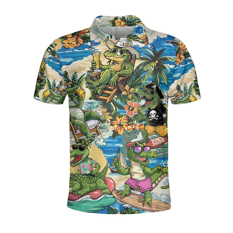 Funny Crocodile 3D Print Polo Shirts for Men Clothes Casual Hawaiian Short Sleeve Animal Alligator POLO Shirt Male Golf Fit Tops