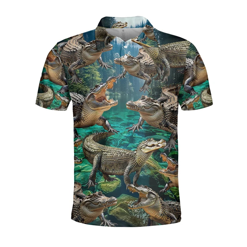Funny Crocodile 3D Print Polo Shirts for Men Clothes Casual Hawaiian Short Sleeve Animal Alligator POLO Shirt Male Golf Fit Tops