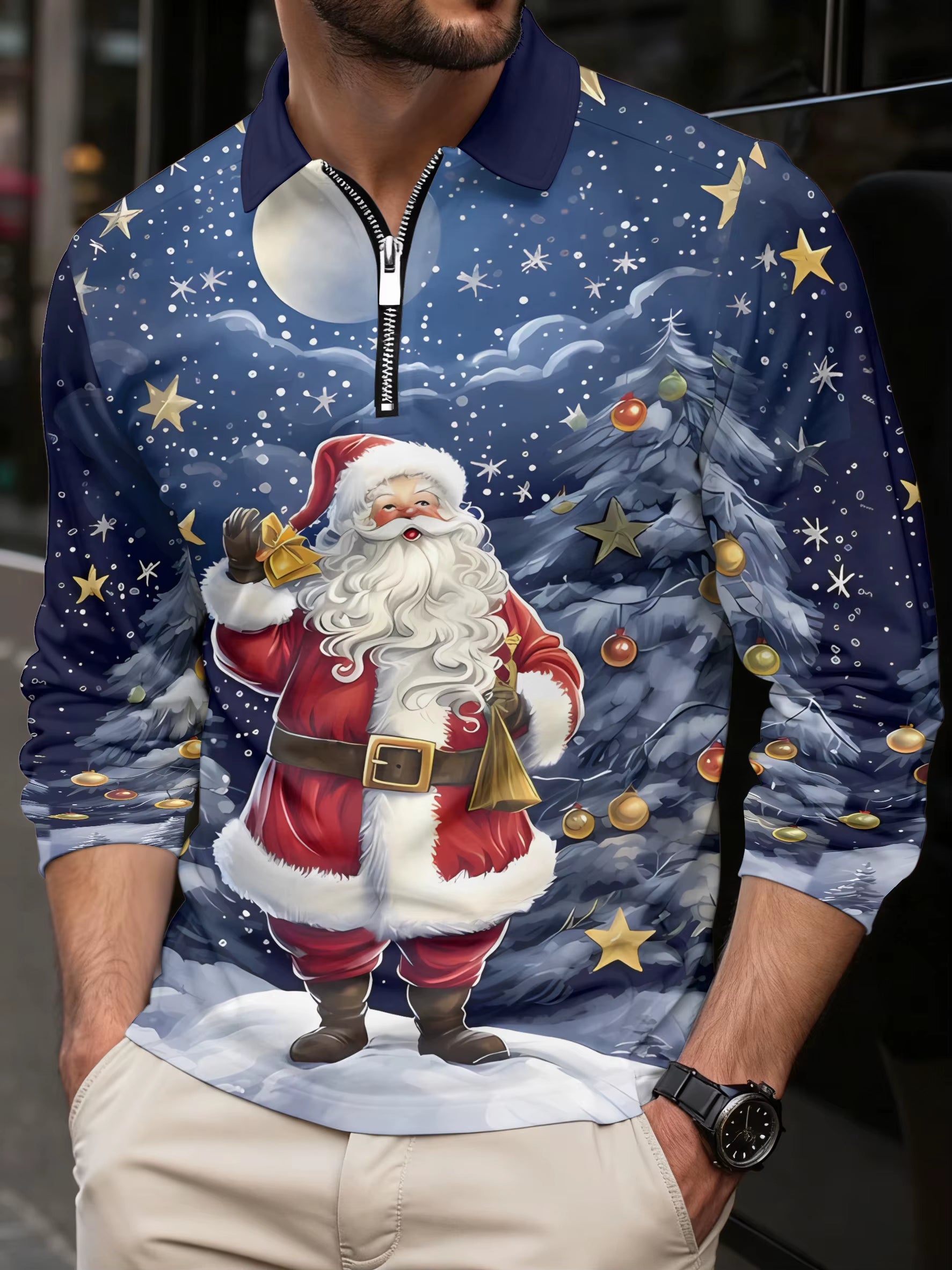 Christmas Golf Wear Men Snowman Anime Graphic Print Novelty Lapel Polo Shirt Tops Fashions Zipper Long Sleeve T-Shirt Man